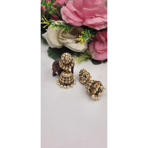 Luxury Vintage Handcrafted Kundan Polki Jhumka <b>Earrings</b> with <b>Emerald</b> Ruby Accents & Drops | Gold Plated Bridal <b>Earrings</b> set - Product Image 1