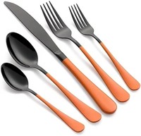 Ensemble de vaisselle plaqué titane noir avec poignée peinte à la bombe orange pour hôtel, restaurant, mariage, traiteur, repas à domicile