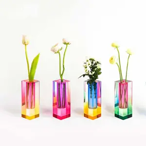 Оптовая продажа, яркая пластиковая Высокая Цветочная ваза для гостиной, радужная акриловая ваза
