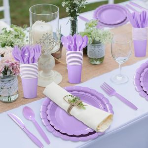 Violet dentelle lavande en forme d'éventail assiettes en <span class=keywords><strong>papier</strong></span> jetables serviettes ensemble enfants fête d'anniversaire vaisselle noël Thanksgiving - Product Image 1