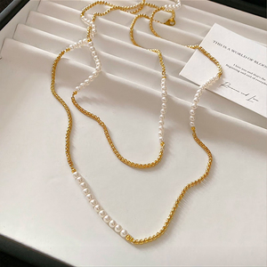 Collana a strati con catena a maglie geometriche alla moda in rame senza piombo con perle <span class=keywords><strong>Swarovski</strong></span>, <span class=keywords><strong>gioielli</strong></span> da sposa placcati oro in rame - Product Image 1