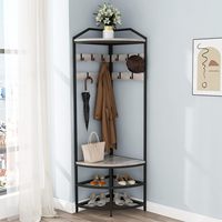 Arbre de couloir d'angle avec banc à chaussures Porte-manteau d'entrée avec 10 crochets mobiles en métal Porte-vêtements autoportant Étagère à chaussures Organisateur