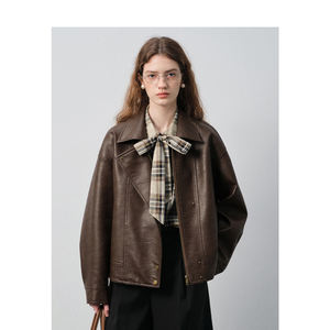 جاكيت جلد صناعي متين من VEGA CHANG بني مع سحاب إغلاق جاكيت جلد مريح ناعم الملمس للخريف والربيع - Product Image 1