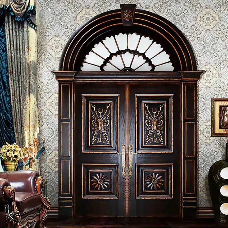 高級レジデンスアーチ型彫刻エントランス木製ドアヴィラレトロ彫刻アーチ型フロントメイン木製ドア