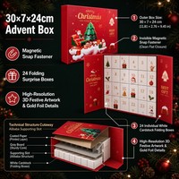 Boîte de calendrier de l'Avent de Noël 30x7x24cm avec fermeture magnétique rouge, compte à rebours de 24 jours, boîte surprise à tiroirs pliables, boîte cadeau en gros