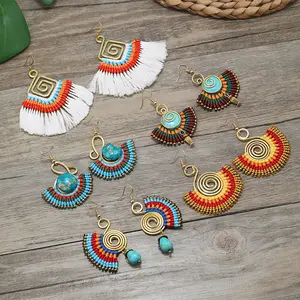 New Fashion Handmade Brass Wire Wrap Turquoise Dangle Earrings Boho Colorful Fan Shape Wax Thread Braided Copper Women Earrings