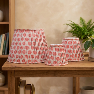 Red Floral Pattern Viscose Linen <b>Lampshade</b> | Handcrafted Block Printed Pleated <b>Drum</b> Shade | Table, Floor & Pendant Lighting - Product Image 4