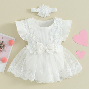 Abbigliamento per Bambini, Nuova Collezione Primavera-Estate, Tutina in Cotone con Fiori per Bambina, Maniche in Pizzo a Rete con Volant, Bottoni Nascosti, <span class=keywords><strong>Vestiti</strong></span> per Neonati - Product Image 3