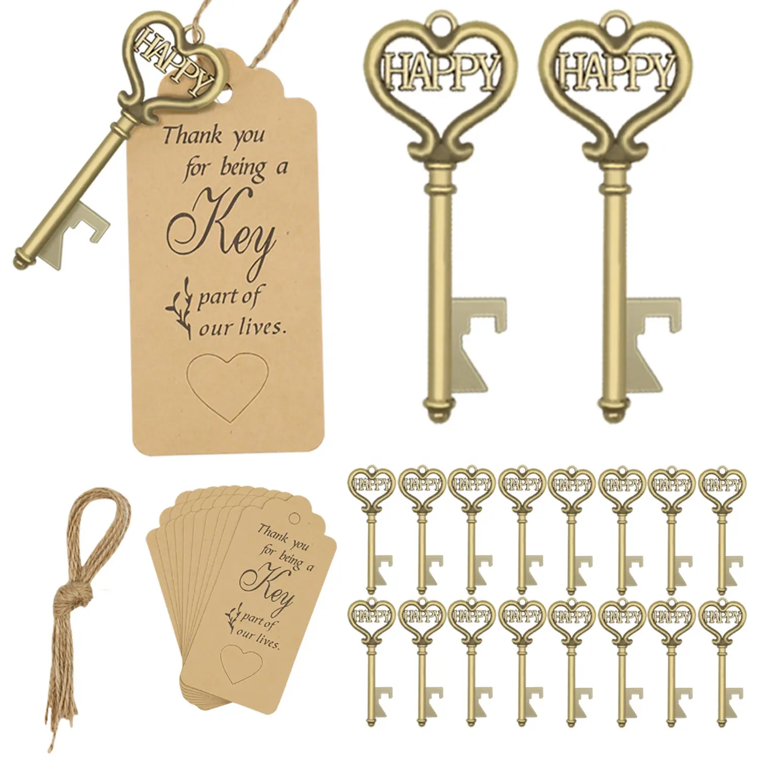 Antique Keys Rustic Souvenir Gifts Vintage Wedding Favors Happy Key Beer Bottle Opener with Escort Tag Card