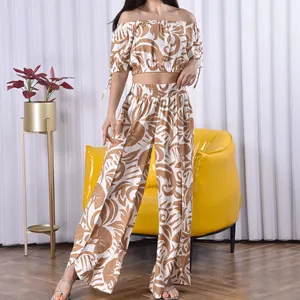 Floral Printed 2 Piece Set Strap Off The Shoulder Short Top And Loose Wide Leg Pant Casual Straight Crop Top Women's Sets