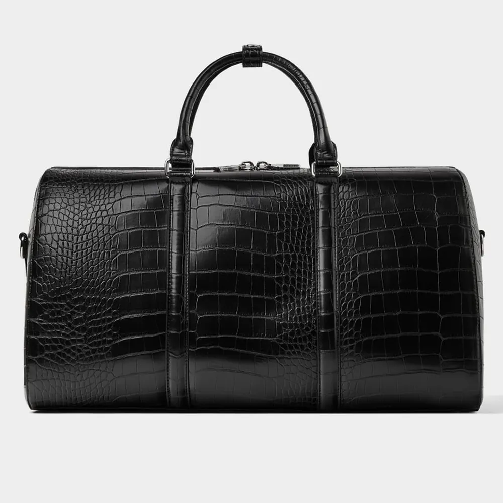 Échantillon gratuit logo personnalisé crocodile noir en cuir PU sac de voyage de week-end en plein air sac à bagages pour homme