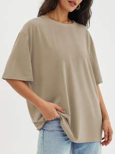 Camiseta básica extragrande para mujer 2025, camisetas holgadas de punto transpirables de manga corta con cuello redondo para verano, ropa de playa larga informal - Product Image 6