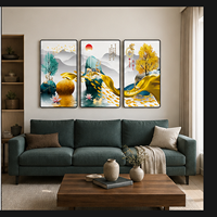 Tableau mural abstrait en toile à trois panneaux, paysage de montagne bleu sarcelle et or, pour entrée, salon, hôtel, intérieurs modernes