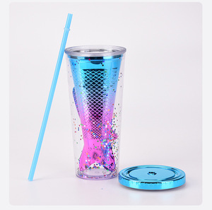 Tazas de plástico de doble capa para café, tazas de doble capa con dibujo de diamante de 301-400ml, tazas de zumo reutilizables de sirena con pajita - Product Image 5