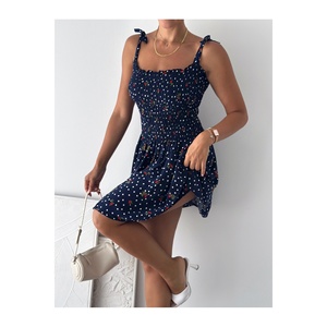 Vestido Mini de Viscosa Azul Marino con Estampado Floral y Tirantes Finos para Mujer, Cintura Elástica, Estilo Casual Diario, Tallas S M L XL - Product Image 2