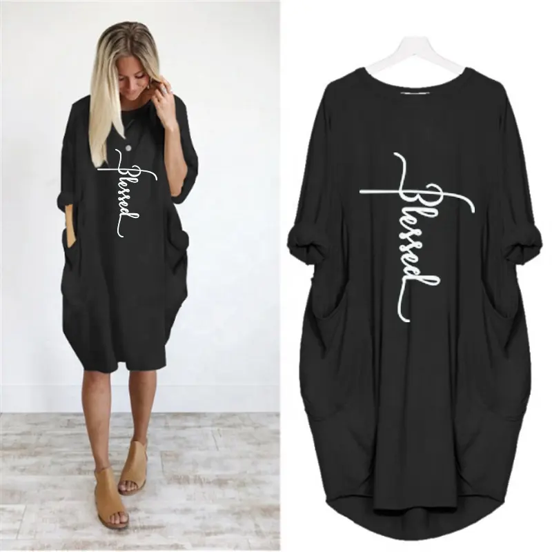 European and American large size large pocket round neck girl dress women's spring and autumn new women's clothing Casual dress