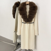Pull long en tricot pour femme, automne et hiver, avec ceinture à nouer, col en vraie fourrure de renard, veste longue en tricot pour femme
