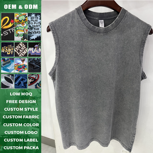 Chaleco sin mangas de algodón lavado vintage de 230 g con borde deshilachado para hombre, estilo urbano, tipo tank top. - Product Image 1