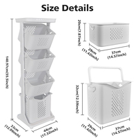 Panier à linge vertical à 4 niveaux en plastique avec roulettes amovibles pour salle de bain