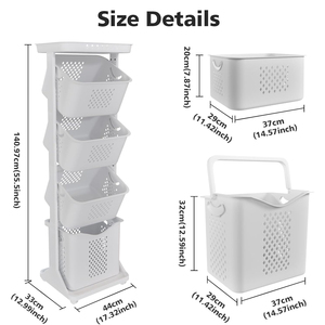 Panier à <span class=keywords><strong>linge</strong></span> <span class=keywords><strong>vertical</strong></span> à 4 niveaux en plastique avec roulettes amovibles pour salle de bain - Product Image 2