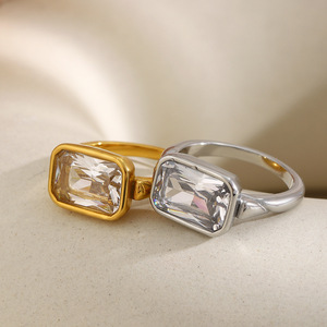 Stainless Steel Rectangle Zircon Bezel <b>Ring</b> Trendy Geometric <b>Statement</b> Finger <b>Ring</b> For Women Daily Stackable Party Jewelry - Product Image 4