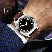 PINDU 6607 Montre mécanique pour homme avec boîtier argenté Bracelet en cuir Affichage à cadran analogique 46mm Résistant à l'eau Mouvement Hangzhou 3ATM