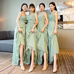 Matcha Green Long Strapless Bridesmaid Dress High Low Chiffon Sleeveless Cocktail Gown For Wedding Party - Product Image 1