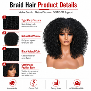 <span class=keywords><strong>Parrucca</strong></span> Afro <span class=keywords><strong>Corta</strong></span> e Soffice con Frangia, Alta Densità, Resistente al Calore, Sintetica, Senza Colla, Stile Bob per Donne di Colore, Uso Quotidiano - Product Image 3