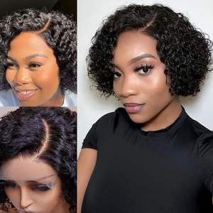 FX-HTA200 Brazilian for Swiss Lace Black Blunt Cut Short Water Curly Bob Pixie Closure Wig Cheap <strong>Lacewig</strong> Human Hair Extension - Product Image 4