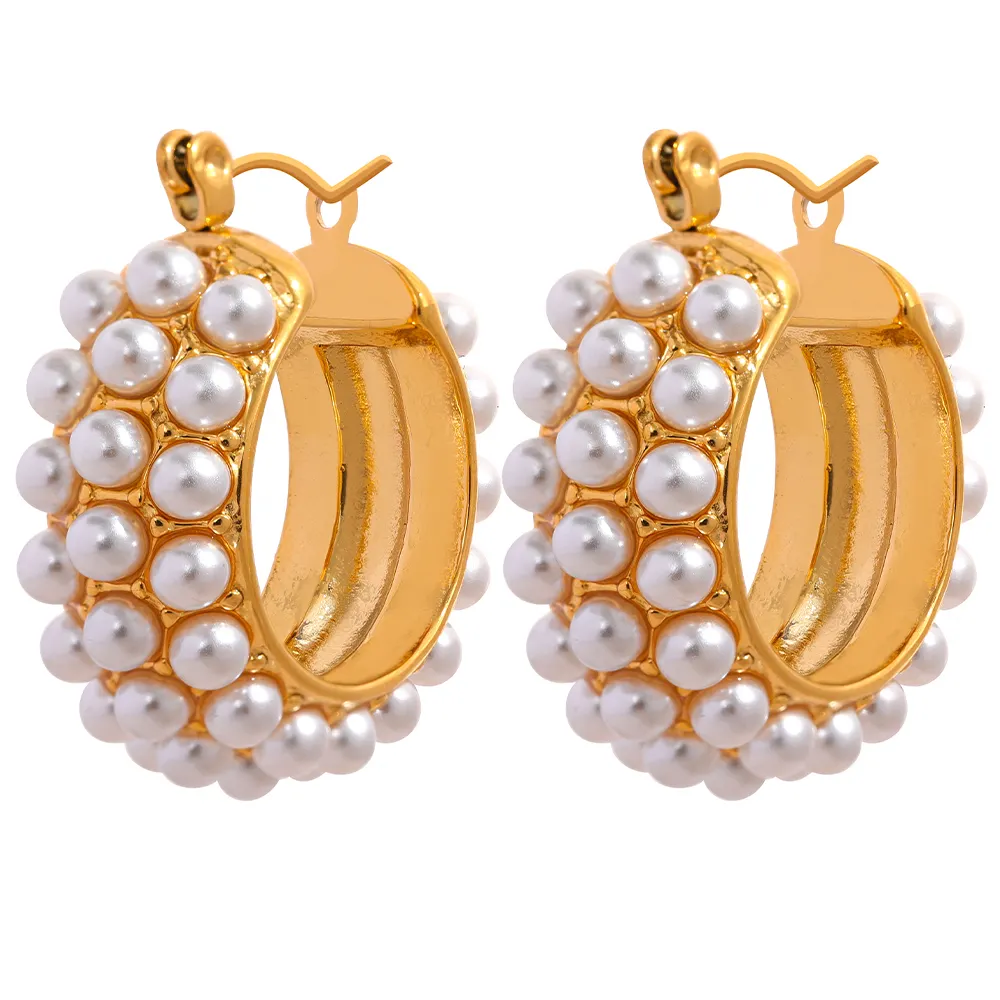 JINYOU 644 Tarnish Free Elegant Imitation Pearls Stainless Steel 18K Plated Round Huggie Hoop Earrings Golden Charm Jewelry