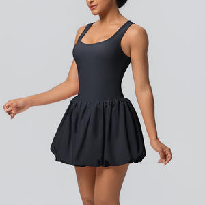 Robe de sport d'été unie grande taille, une pièce, en tissu extensible Spandex Nylon, avec short intégré et poches latérales, tenue de sport décontractée - Product Image 3