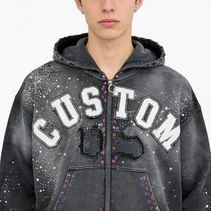 Sweat à capuche zippé personnalisé en coton 100% doublé, avec broderie pailletée, motif lettres imprimé, effet vieilli vintage, <span class=keywords><strong>strass</strong></span>, décontracté pour <span class=keywords><strong>homme</strong></span> - Product Image 4