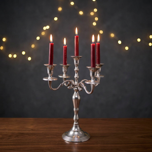 "Elegant Silver 5-Arm <b>Candle</b> Holder with <b>Red</b> <b>Candles</b> Perfect for Weddings or Special Occasions Stylish and Classic" - Product Image 1