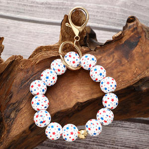 En bois rouge blanc bleu jour de l'indépendance américaine couleur plein écran étoile bracelet porte-clés sac de voiture porte-clés pendants en gros - Product Image 3