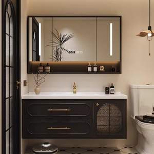 Mueble de baño estilo retro con espejo inteligente, lavabo de cerámica integrado, se puede personalizar - Product Image 5