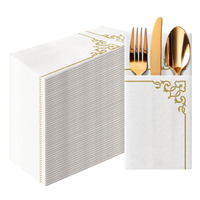 Serviettes en papier élégantes effet lin avec pochette pour couverts, dorées, pour mariage