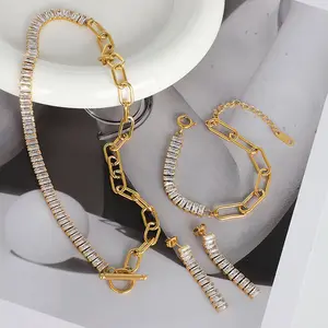 Luxury Stainless Steel Baguette Cubic Zirconia Iced Out Square Tennis Chain Earrings Bracelet Womens Necklace Sets