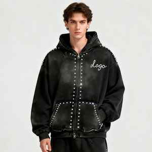 Fabricante de sudaderas con capucha personalizadas con serigrafía, de tejido grueso, con lavado ácido, efecto desgastado por el sol, con remaches, pedrería, corte holgado, corto y con cremallera. - Product Image 2