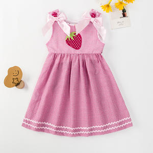 Vestito scozzese per ragazze vestito rosa per <span class=keywords><strong>bambini</strong></span> piccoli senza maniche vestito da principessa per bambina in cotone EMB con applicazioni di fragole - Product Image 4