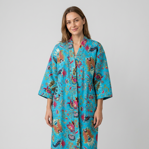 Robe kimono courte vintage faite à la main pour femmes, imprimé floral de luxe, 100% coton, col en V, manches longues, fermeture à cordon, douce - Product Image 1