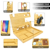 Home Bamboo Wood Standing Multifunction Desktop Organizer Cell Phone Charging Stand Shelf Foldable Box Bedside Table Storage
