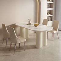 Ensemble de Salle à Manger Ovale en Pierre d'Ardoise Fond Plein Blanc Pur Style Crème Luxe Léger pour Petit Appartement ou Maison