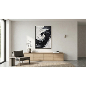 Peinture à l'huile abstraite noir et blanc sur toile texturée, art mural minimaliste moderne pour la décoration du salon - Product Image 3