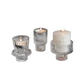 Professional Manufacture Double Use Clear Candle Holder With Stripe Line Both For Tealight And Tapered Long Candles