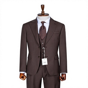 Costume d'affaires homme en laine marron, croisé, col mandarin, trois pièces, infroissable, braguette boutonnée, coupe classique - Product Image 1