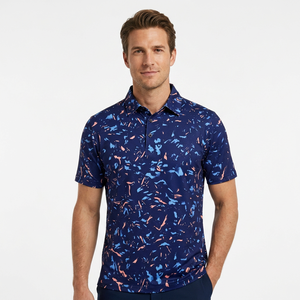 Chemise à manches courtes pour homme avec poche, bleu avec motif rose et bleu clair, décontractée, respirante, séchage rapide, en soie/coton satiné - Product Image 1