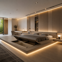 Lit Tatami Flottant Intégré Minimaliste Italien Moderne avec Armoire en Verre Cannelé pour Suite Penthouse