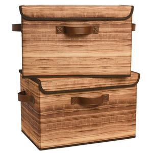 Wood-Grain Yellow Fabric <b>Collapsible</b> Wardrobe Organisation Pack of 2 Lidded <b>Storage</b> <b>Boxes</b> for Shelves - Product Image 1