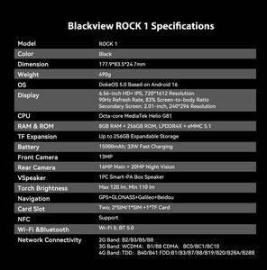 Blackview ROCK 1 AI สมาร์ทโฟนพันธุ์อึด หน้าจอ 6.56 นิ้ว 90Hz ความจุ 256GB ชิปเซ็ต MediaTek Helio G81 ระบบปฏิบัติการ Android 16 รองรับ NFC ไฟฉายในตัว ทนทานต่อแรงกระแทก มาตรฐาน IP68 - Product Image 5