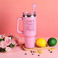 Tumbler Stainless Steel 40oz dengan Gagang dan Sedotan, Dinding Ganda Vakum, Mug Perjalanan Tema Mawar, Kotak Hadiah untuk Wanita